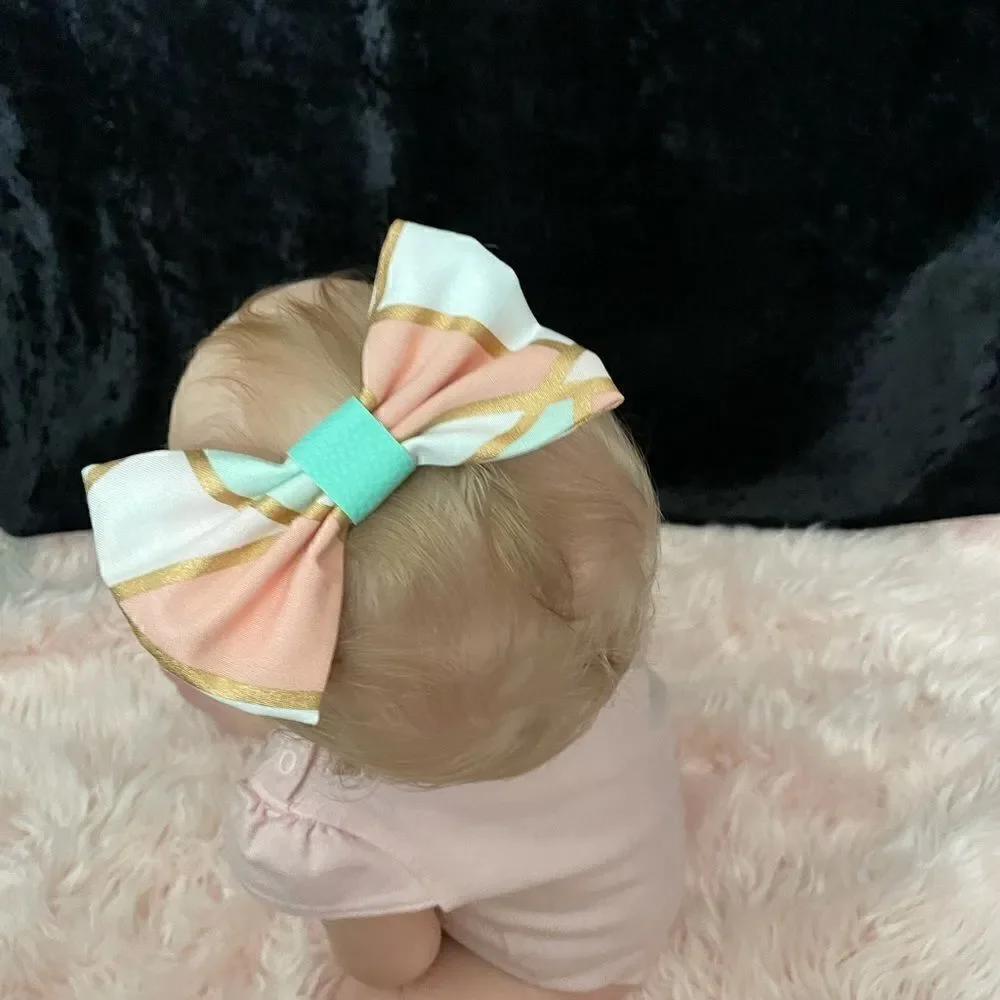 Handmade Geometric teal, pink and gold Bow